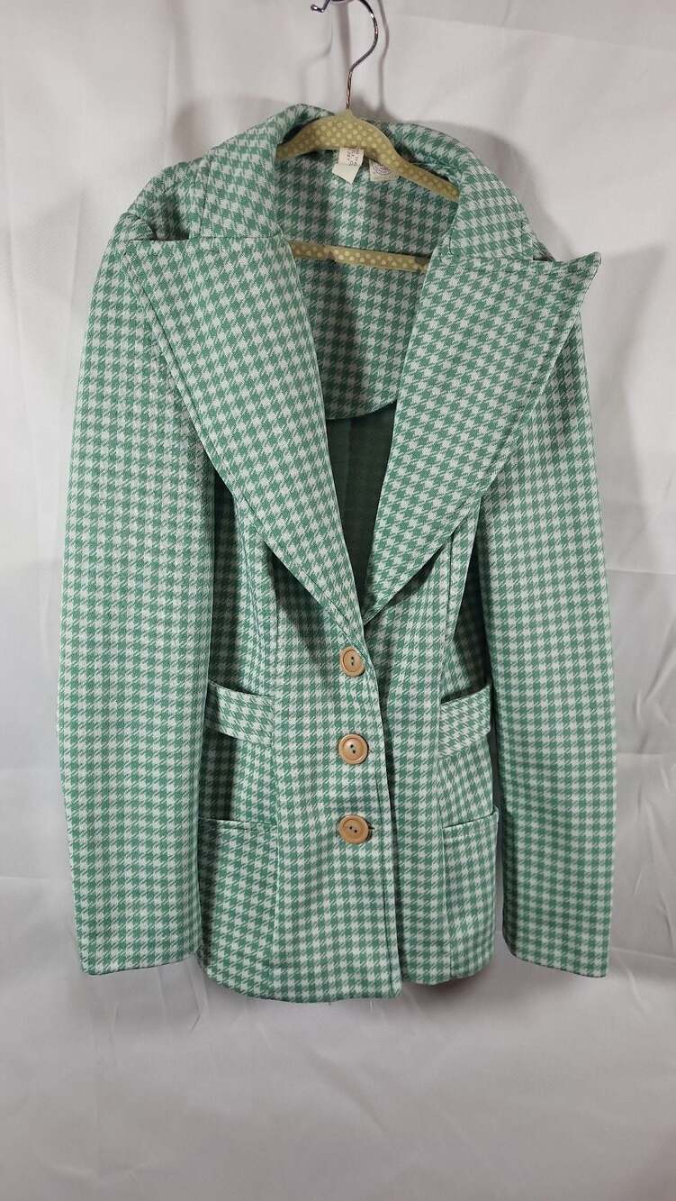 Vintage 70s Children's Green and White Houndstooth Check Blazer with Dagger Coll